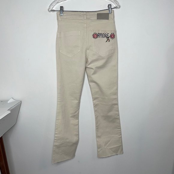 💗Desigual Women’s Denim Cream Pants Embroidered Amore Floral Size EUR 36 - Picture 8 of 13
